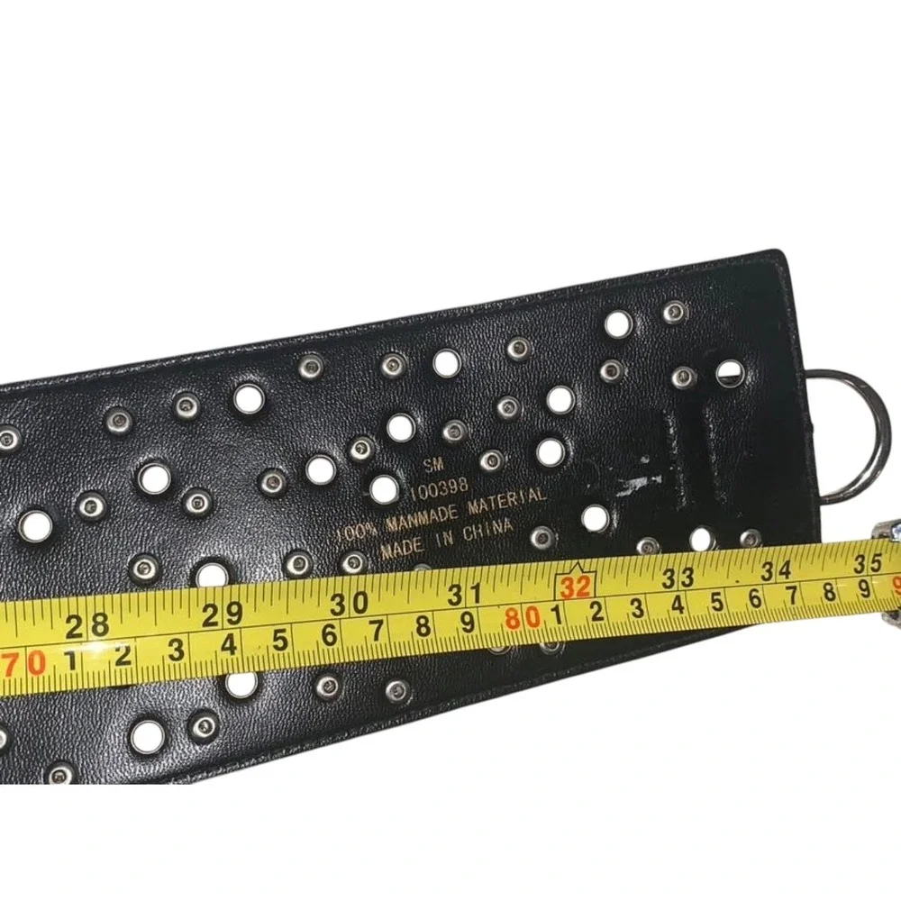 Holy Mama Black Wide Studded Grommet Waist Belt Silver D-Ring Buckle 35